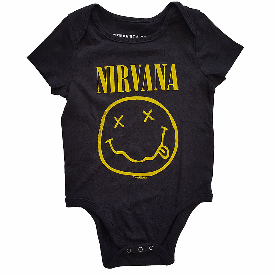 Nirvana kojenecké body tričko, Yellow Smiley Black, dětské, velikost XXXL velikost XXXL (24 měsíc)