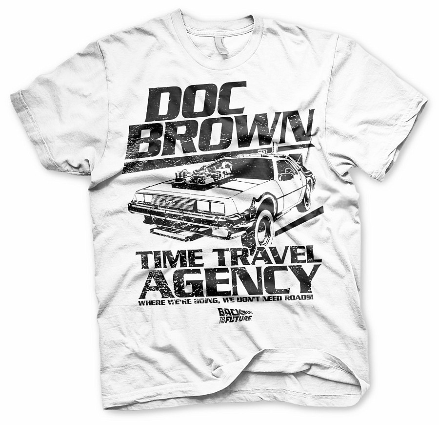 Back to the Future tričko, Doc Brown Time Travel Agency White, pánské, velikost M